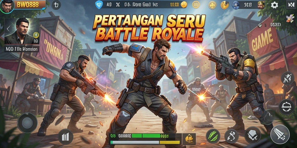 Screenshot BWO888 menampilkan aksi perang sengit dalam game Battle Royale.
