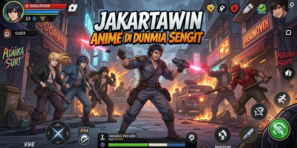 Tangkapan layar utama JAKARTAWIN menunjukkan aksi seru dalam permainan anime.